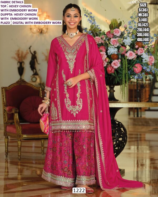 Wedding Wear Three-Piece Heavy Chinon Plazo Outfit With Embroidery Work