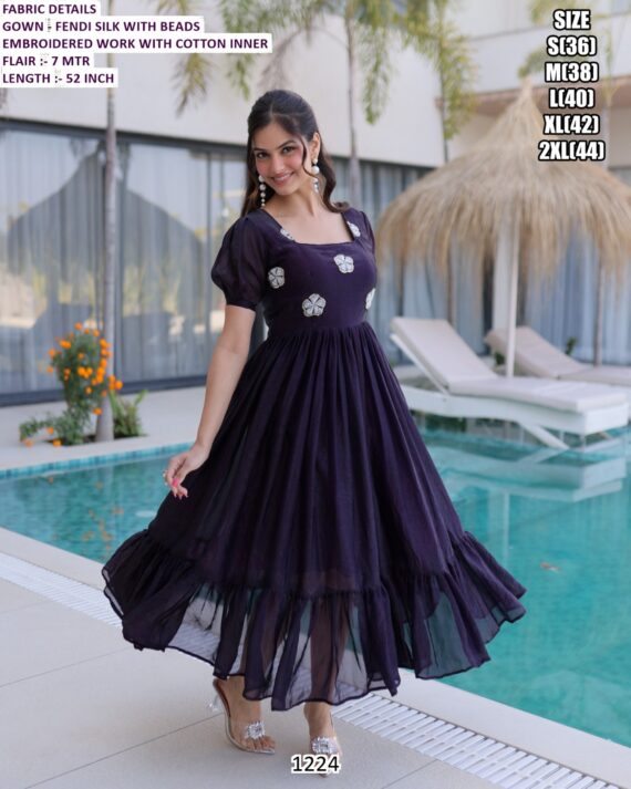 Beautiful Ready To Wear Fendi Silk With Beads Embroidered Maxi Style Short Gowns