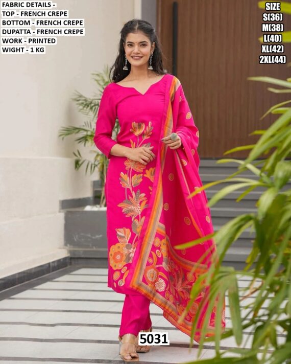 Women's French Crepe Printed Straight Cut Readymade Kurti Sets With Dupatta