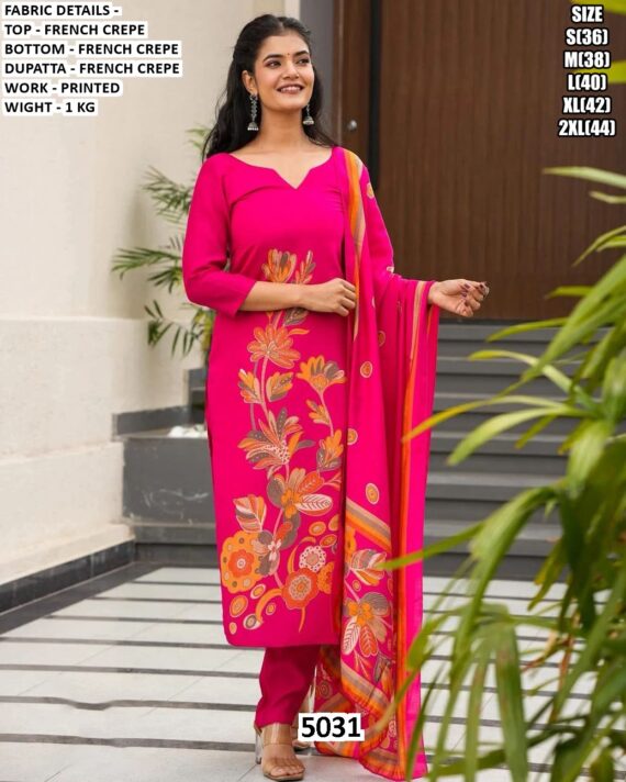 Women's French Crepe Printed Straight Cut Readymade Kurti Sets With Dupatta