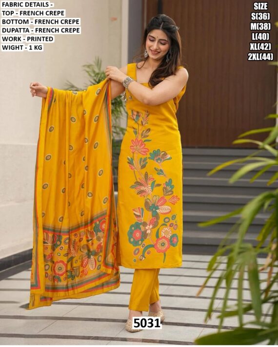 Women's French Crepe Printed Straight Cut Readymade Kurti Sets With Dupatta