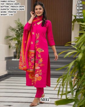 Women's French Crepe Printed Straight Cut Readymade Kurti Sets With Dupatta