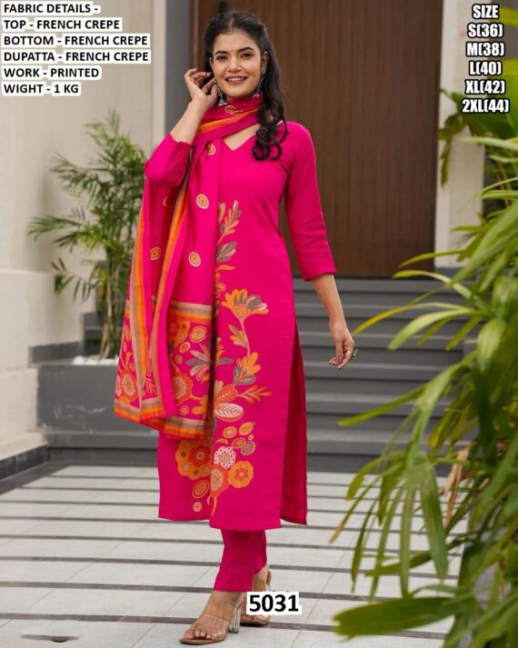 Women's French Crepe Printed Straight Cut Readymade Kurti Sets With Dupatta