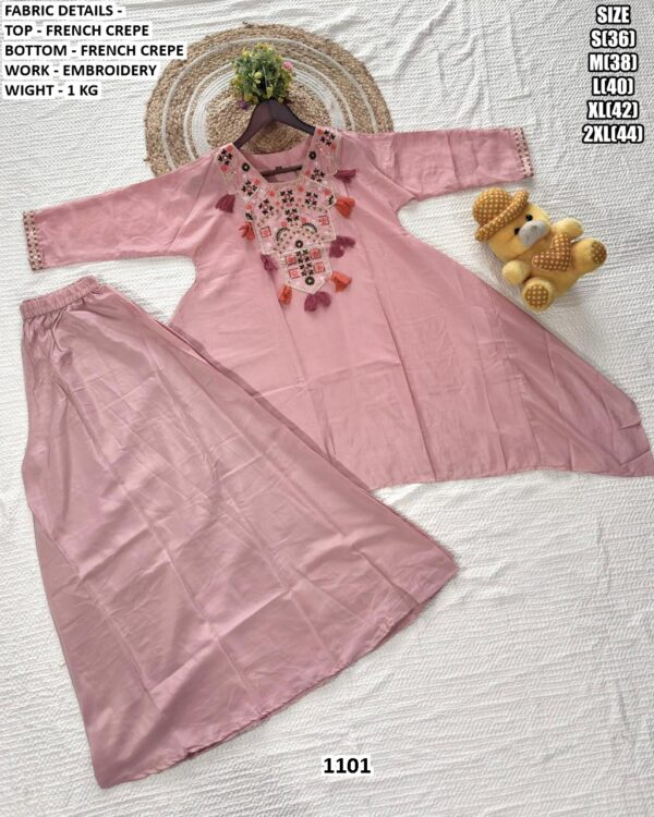 Party Wear Designer French Crepe Ready To Wear Kurti With Plazo Collection (Co-ord Sets)