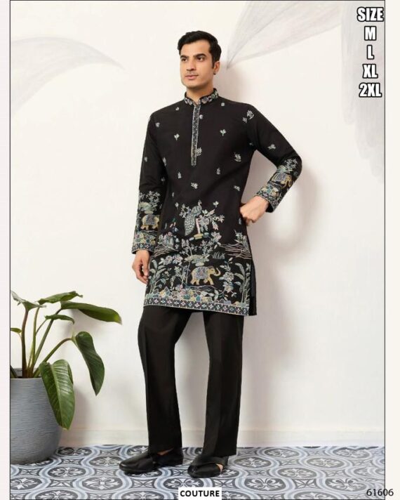 Premium Viscose Silk Party Wear Only Kurta With Thread And Sequence Embroidered For Men