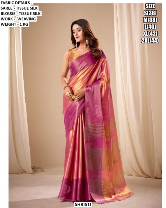Buy Tissue Silk Weaving Worked Classic Party Wear Sarees With Contrast Border