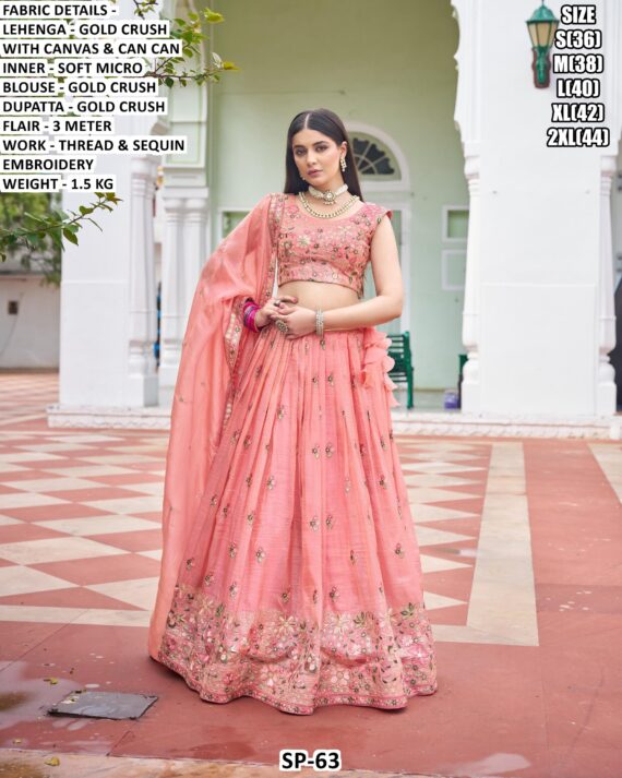 Beautiful Wedding Special Gold Crush Lehenga Choli Set In Pista And Light Pink Colour!