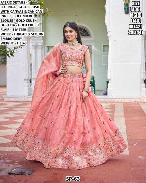 Beautiful Wedding Special Gold Crush Lehenga Choli Set In Pista And Light Pink Colour!