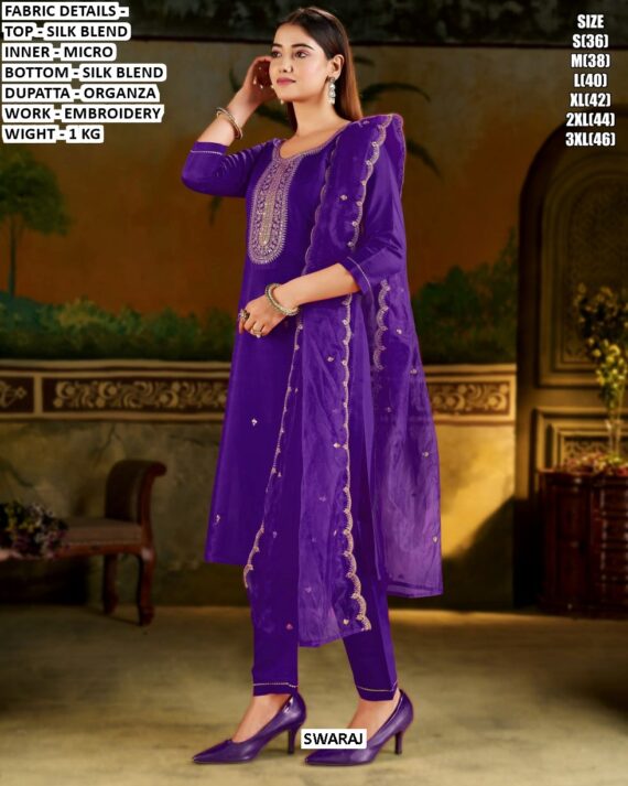 Buy Yoke Design Silk Blend Readymade Straight Kurti Sets With Organza Dupatta