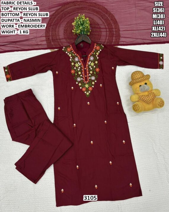 Attractive Maroon Rayon Slub Beautiful Embroidered Straight Kurti Set With Nasmin Dupatta