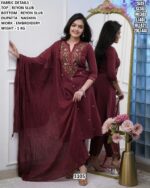 Attractive Maroon Rayon Slub Beautiful Embroidered Straight Kurti Set With Nasmin Dupatta