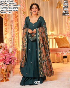 Rama Blue Colour Ready To Wear PV Chanderi Embroidered Three-Piece Anarkali Suit