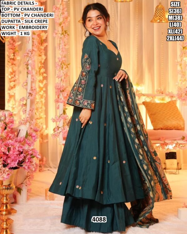 Rama Blue Colour Ready To Wear PV Chanderi Embroidered Three-Piece Anarkali Suit