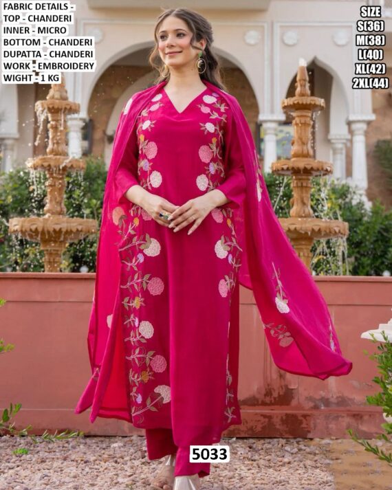 Launching Beautiful Women's Chanderi Kurti Pant Set With Flower Embroidery Work