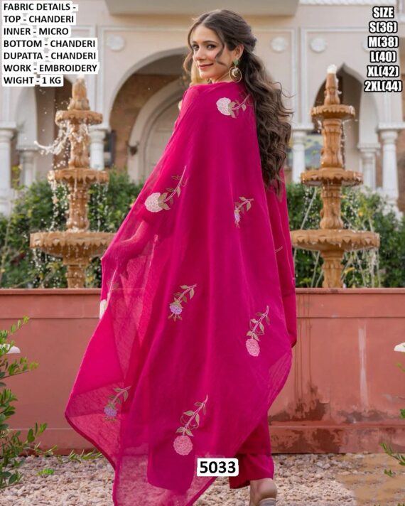 Launching Beautiful Women's Chanderi Kurti Pant Set With Flower Embroidery Work