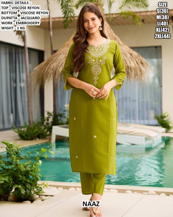Neon Green Colour Viscose Rayon Festive Wear Kurta Set With Flower Printed Dupatta