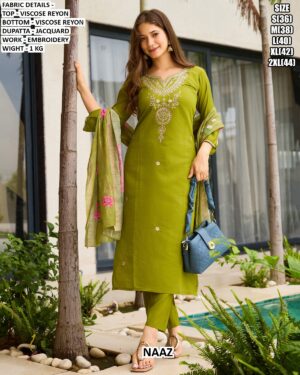 Neon Green Colour Viscose Rayon Festive Wear Kurta Set With Flower Printed Dupatta