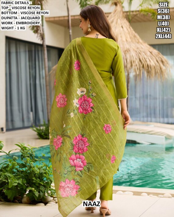 Neon Green Colour Viscose Rayon Festive Wear Kurta Set With Flower Printed Dupatta
