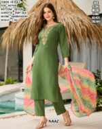 Mehandi Green Rayon Designer Three-Piece Ready To Wear Kurti Set