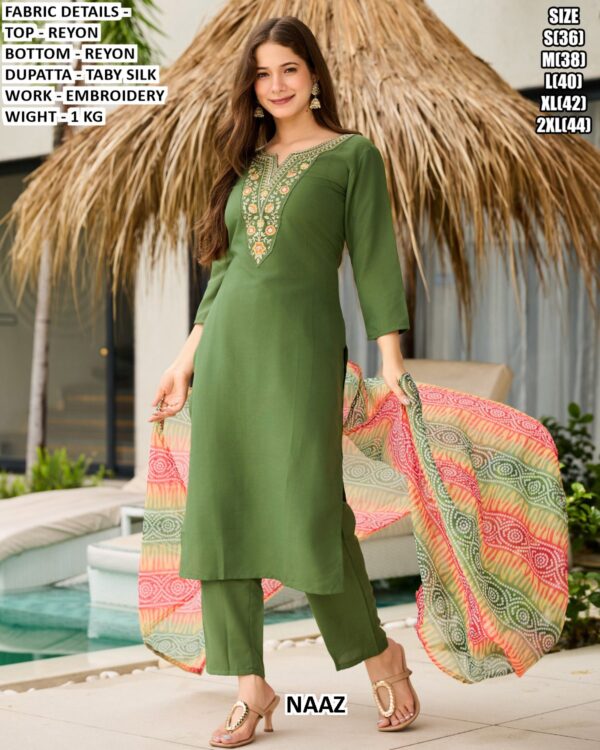 Mehandi Green Rayon Designer Three-Piece Ready To Wear Kurti Set