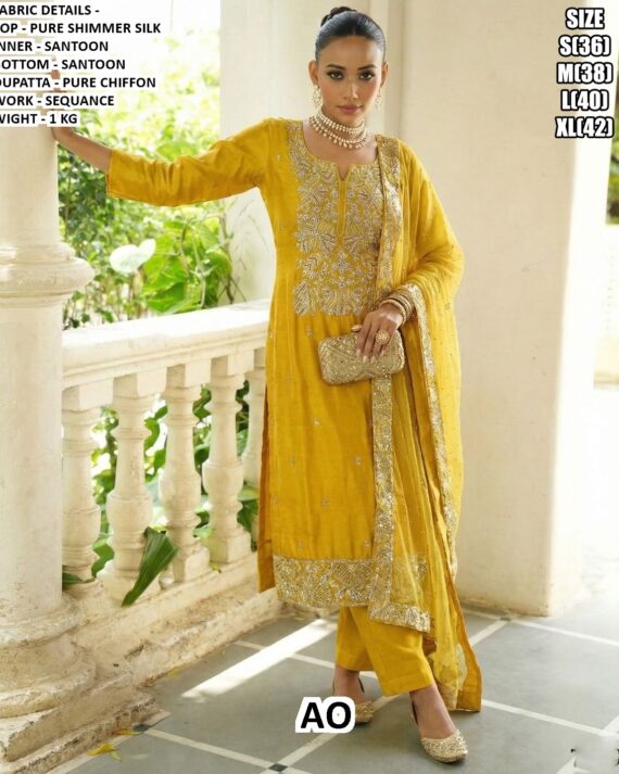 Shine Like Never Before! A Pure Shimmer Silk Suits Beautifully Crafted With Sequence Embroidery Work