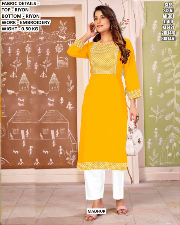 Beautiful Regular Wear Rayon Embroidery Straight Kurti With Pant Sets For Women