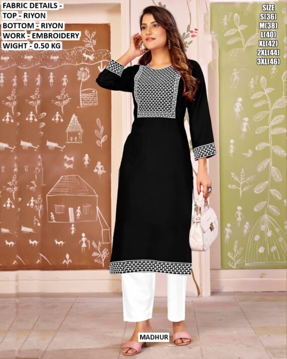 Beautiful Regular Wear Rayon Embroidery Straight Kurti With Pant Sets For Women