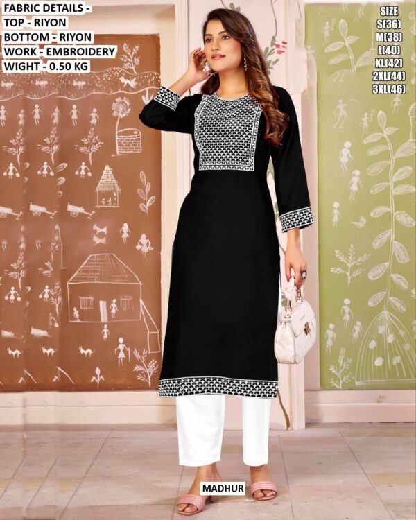 Beautiful Regular Wear Rayon Embroidery Straight Kurti With Pant Sets For Women