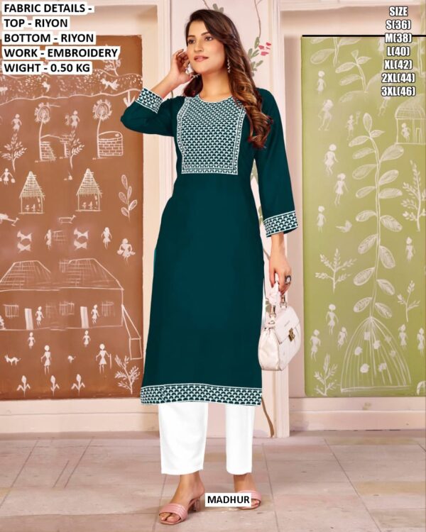 Beautiful Regular Wear Rayon Embroidery Straight Kurti With Pant Sets For Women