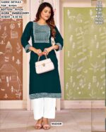 Beautiful Regular Wear Rayon Embroidery Straight Kurti With Pant Sets For Women