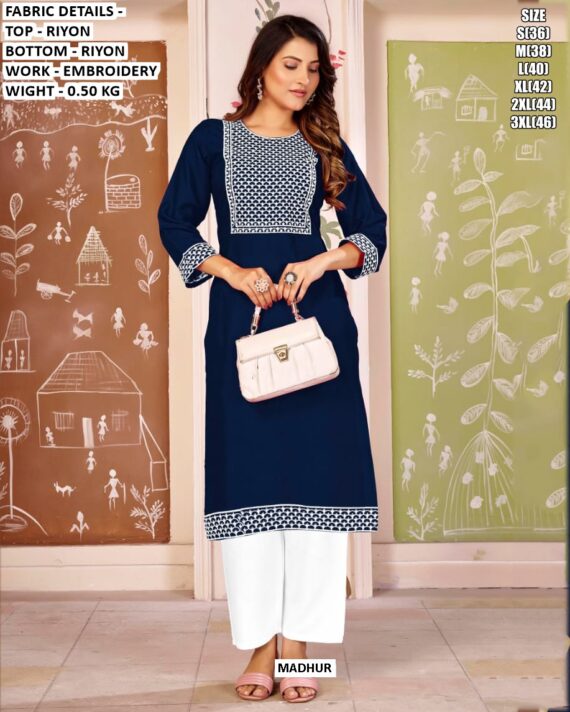 Beautiful Regular Wear Rayon Embroidery Straight Kurti With Pant Sets For Women