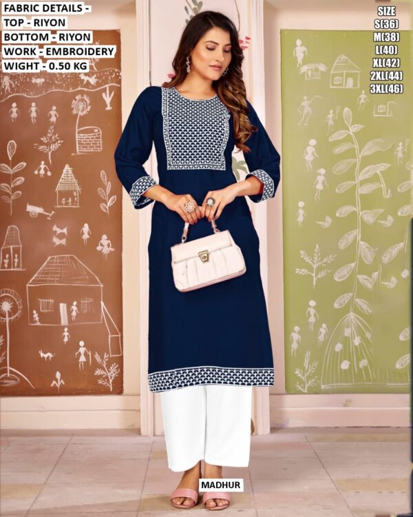 Beautiful Regular Wear Rayon Embroidery Straight Kurti With Pant Sets For Women