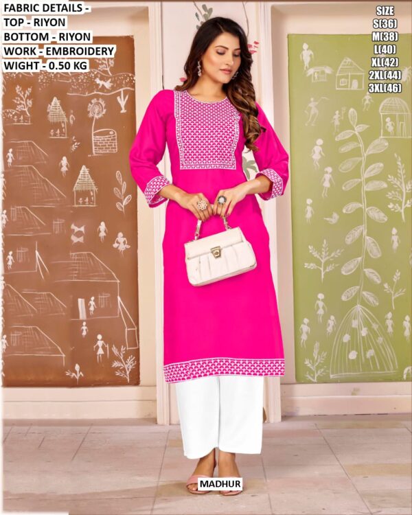 Beautiful Regular Wear Rayon Embroidery Straight Kurti With Pant Sets For Women