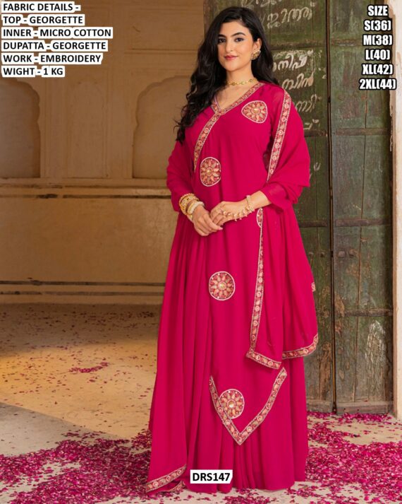 Latest Wedding Wear Indian Style Pink Georgette Embroidered Gown With Dupatta