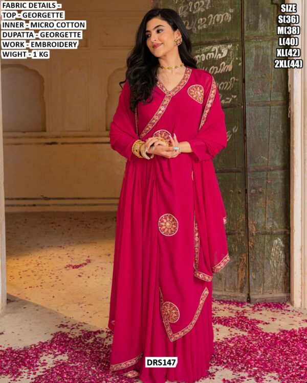 Latest Wedding Wear Indian Style Pink Georgette Embroidered Gown With Dupatta