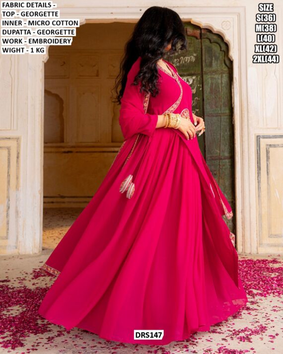 Latest Wedding Wear Indian Style Pink Georgette Embroidered Gown With Dupatta