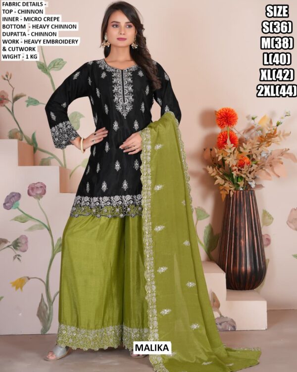 Ready To Wear Chinon Heavy Embroidery And Cut Work Contrast Colours Plazo Suits