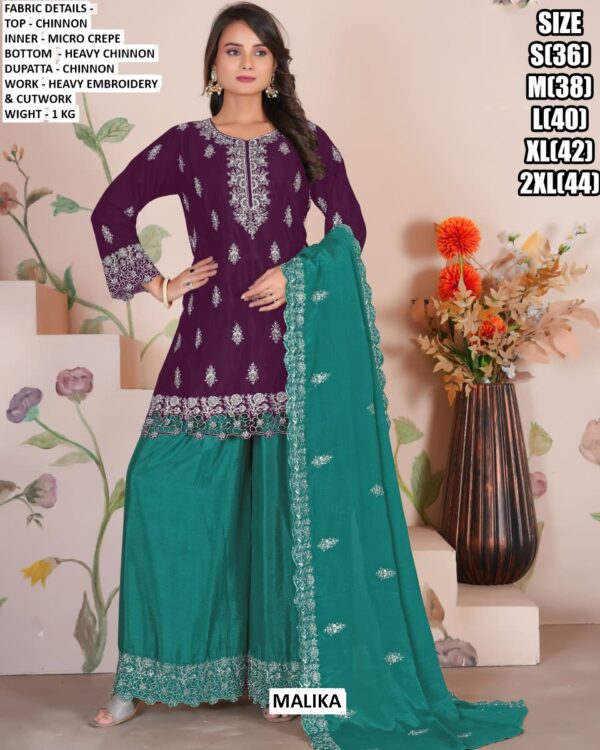 Ready To Wear Chinon Heavy Embroidery And Cut Work Contrast Colours Plazo Suits