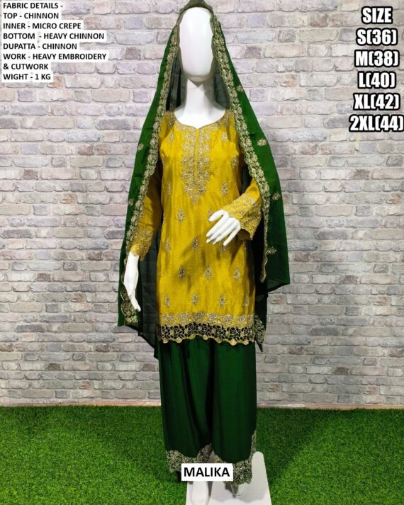 Ready To Wear Chinon Heavy Embroidery And Cut Work Contrast Colours Plazo Suits