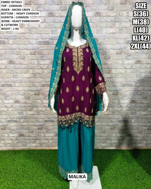 Ready To Wear Chinon Heavy Embroidery And Cut Work Contrast Colours Plazo Suits