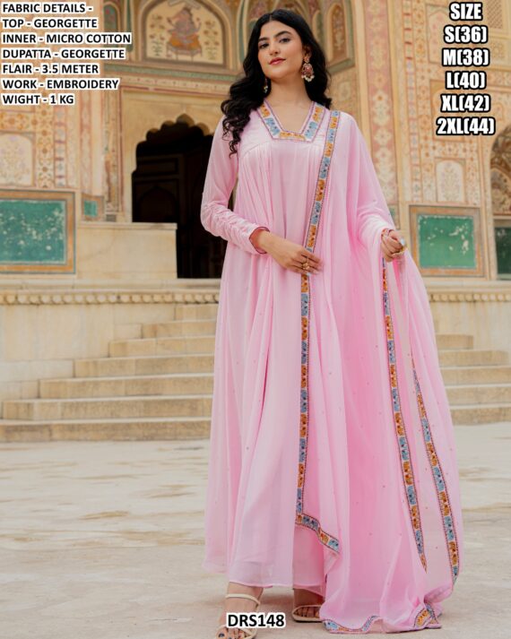 Blushing Beauty! New Light Pink Colour Georgette Long Gown Dress With Embroidery Work