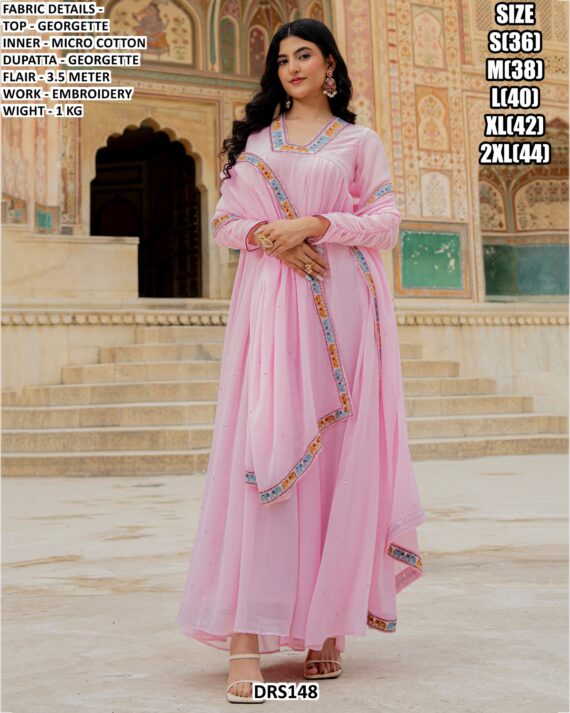 Blushing Beauty! New Light Pink Colour Georgette Long Gown Dress With Embroidery Work