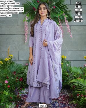 Buy This Desirable Lavender Muslin Cotton Embroidery Work Salwar Suit For Ceremonial