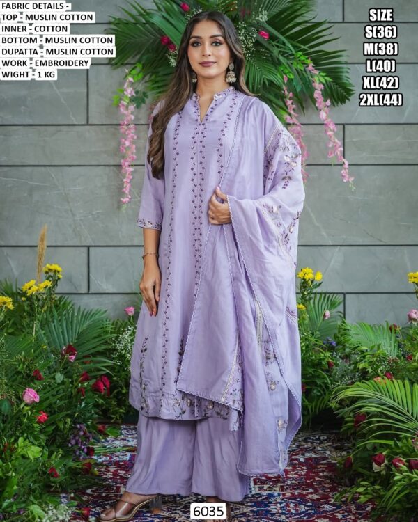 Buy This Desirable Lavender Muslin Cotton Embroidery Work Salwar Suit For Ceremonial
