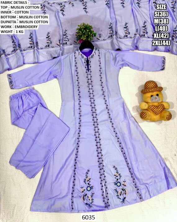 Buy This Desirable Lavender Muslin Cotton Embroidery Work Salwar Suit For Ceremonial