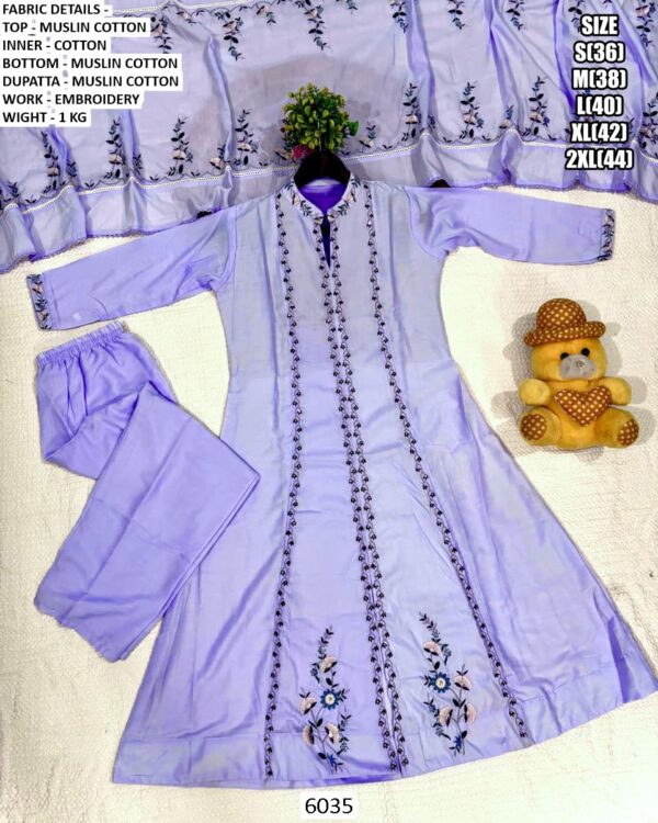 Buy This Desirable Lavender Muslin Cotton Embroidery Work Salwar Suit For Ceremonial