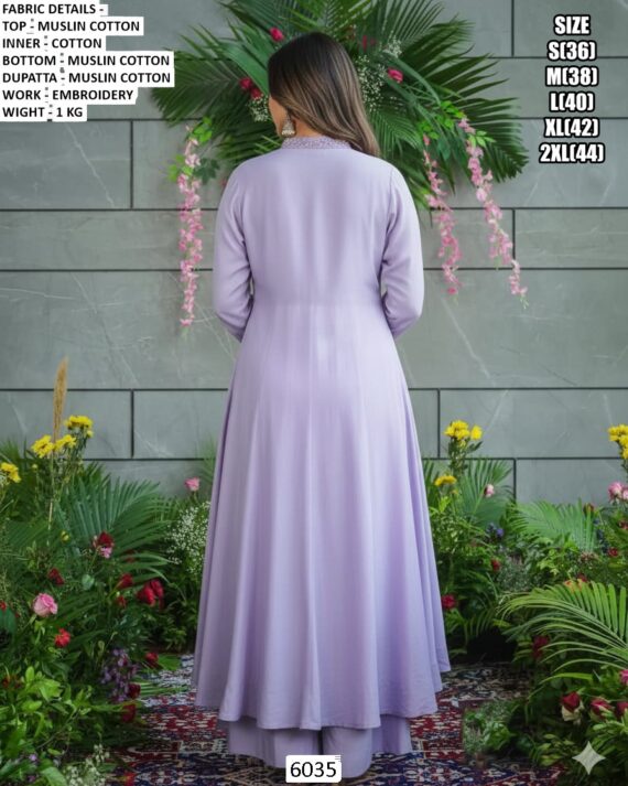 Buy This Desirable Lavender Muslin Cotton Embroidery Work Salwar Suit For Ceremonial