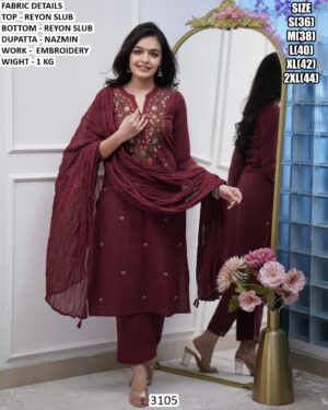 Attractive Maroon Rayon Slub Beautiful Embroidered Straight Kurti Set With Nasmin Dupatta