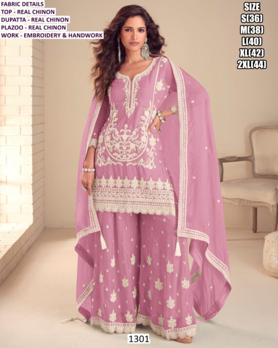 Shop Online Embroidery And Hand Work Real Chinon Plazo Salwar Suits In Three Colours!