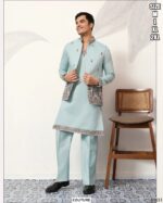 Viscose Silk Men's Traditional Look Kurta Pajama With Thread And Sequence Embroidered Koti